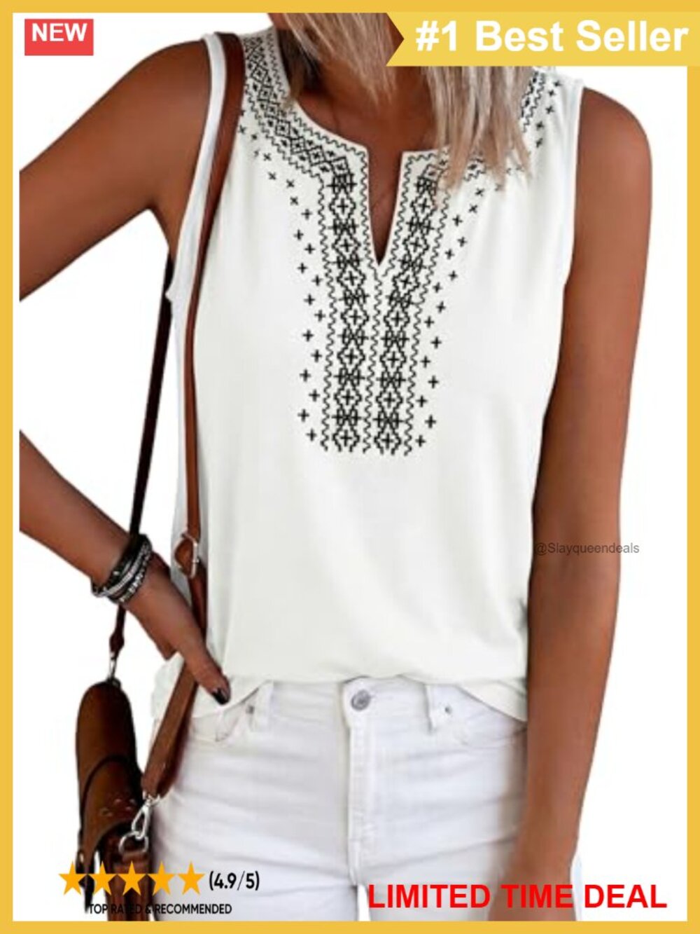 Embroidered Sleeveless V-Neck Tank Top Loose Fit Boho Summer Casual Womens